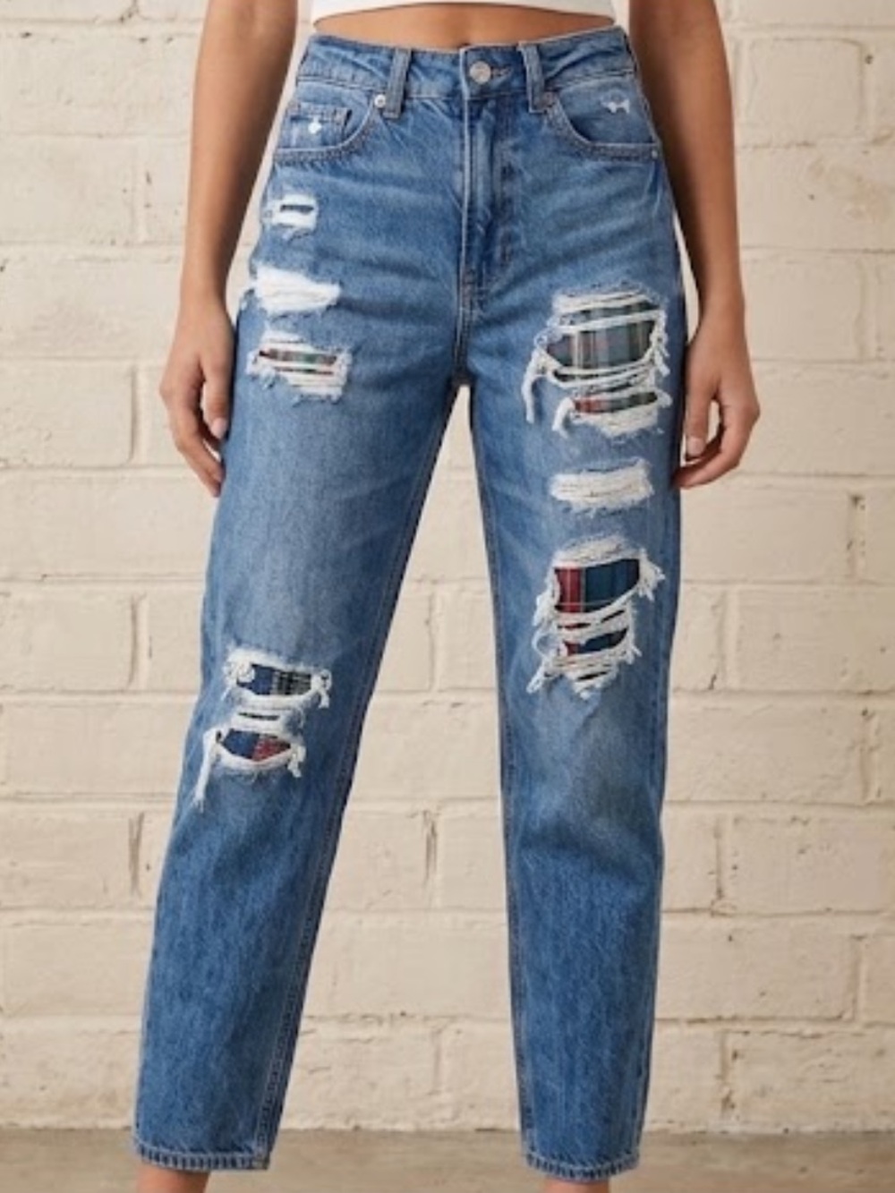 American Eagle Distressed Mom Straight Jean w Plaid Flannel Size 00